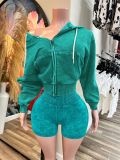 Women Washed Zipper Hooded Top and Shorts Two-Piece Set