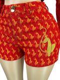 Women Printed Embroidery Stretchy Denim Jacket Bodycon Shorts Two-Piece Set