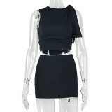 Spring Summer Women Bodycon Skirt Set Ruched Sleeveless Lace-Up Two Piece Outfit
