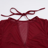 Women See-Through Hollow-Out Sexy Short Sleeve T-Shirt Round Neck Halter Neck Top
