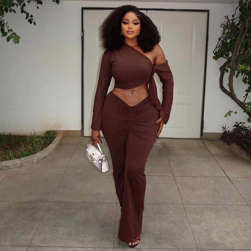 Slash Shoulder Long Sleeve Ruched Bodycon Skirt Two-Piece Set