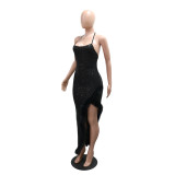 Women Sexy Sequin Halter Lace-Up Patchwork Fur High Slit Dress Strap Party Dress