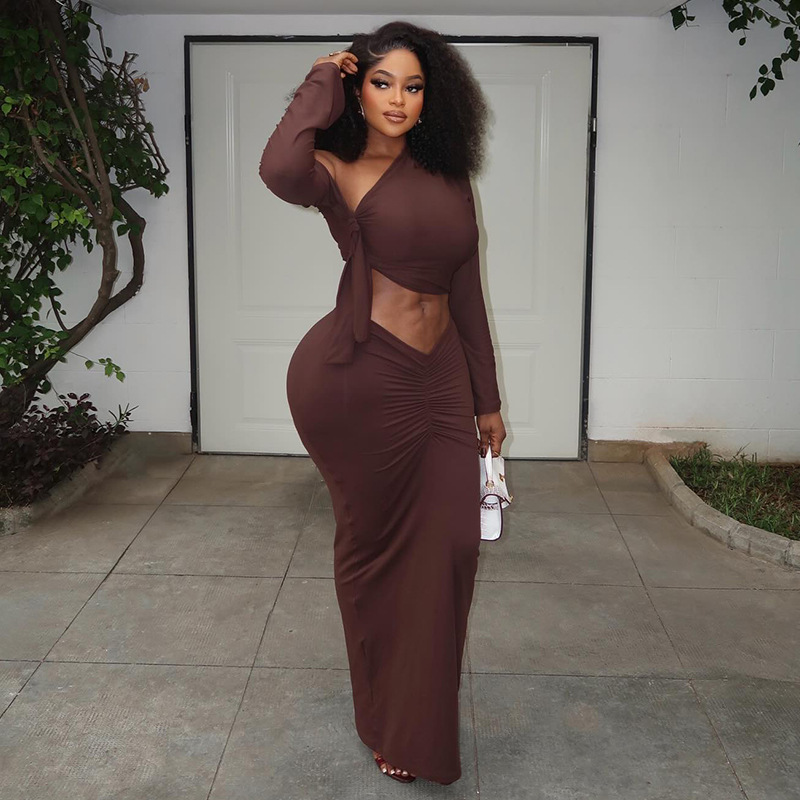 Slash Shoulder Long Sleeve Ruched Bodycon Skirt Two-Piece Set