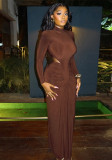 Women Career Bodycon Dress High Neck Long Sleeve Ruched Elegant Long Dress