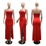 Women Strapless Sequin High Slit Patchwork Long Dress Evening Party Dress