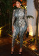 Women Printed Jumpsuit Slim Fit High Neck Long Sleeve Retro Outfit