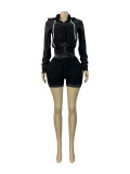 Women Washed Zipper Hooded Top and Shorts Two-Piece Set