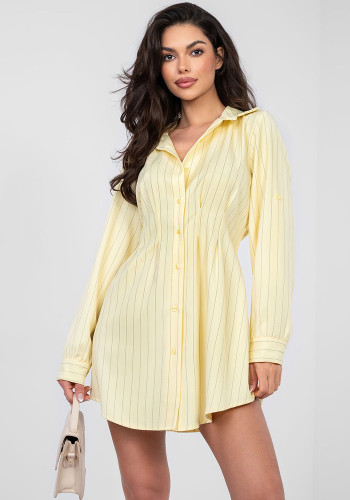 Women Shirt Dress Turndown Collar Long Sleeve Pleated Mini Dress Casual Chic Outfit