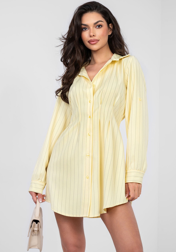 Women Shirt Dress Turndown Collar Long Sleeve Pleated Mini Dress Casual Chic Outfit