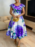 Women French Printed Ruffled Neckline Elegant Holidays Dress