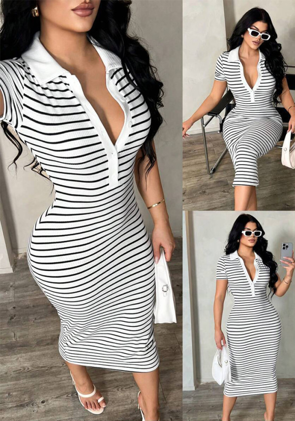 Summer Women Stripe Shirt Dress Turndown Collar Button Casual Office Dress