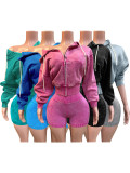 Women Washed Zipper Hooded Top and Shorts Two-Piece Set