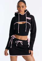 Spring Women Crop Hoodie Skirt Set Printed Three Piece Outfit Casual Sportswear