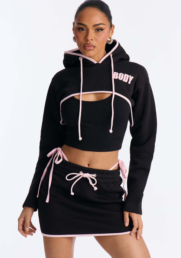 Spring Women Crop Hoodie Skirt Set Printed Three Piece Outfit Casual Sportswear