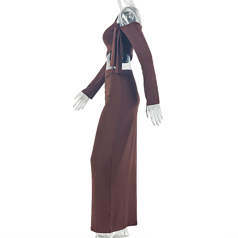 Slash Shoulder Long Sleeve Ruched Bodycon Skirt Two-Piece Set