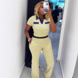 Women Colorblock Crop Top and Pants Set Turndown Collar Casual Two Piece Outfit
