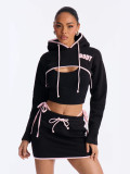 Spring Women Crop Hoodie Skirt Set Printed Three Piece Outfit Casual Sportswear