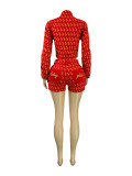 Women Printed Embroidery Stretchy Denim Jacket Bodycon Shorts Two-Piece Set