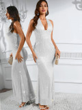 Women Sexy Low Back Sequin Long Dress Evening Party Dress Clubwear