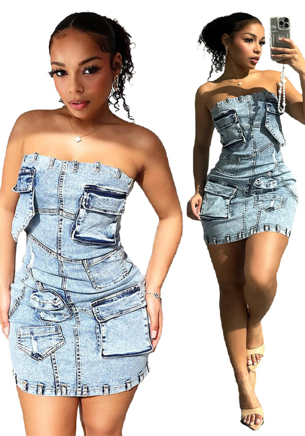 Women Strapless Denim Dress Slim Fit Bodycon Pocket Mini Dress Streetwear