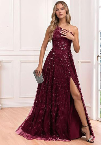Women Burgundy Sequin Long Dress One Shoulder Slit Plus Size Formal Evening Dress