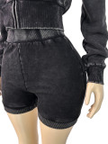 Women Washed Zipper Hooded Top and Shorts Two-Piece Set