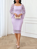 Women Lace Bodycon Dress Hollow Out Bell Sleeve Square Neck Slit Party Dress