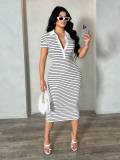 Summer Women Stripe Shirt Dress Turndown Collar Button Casual Office Dress