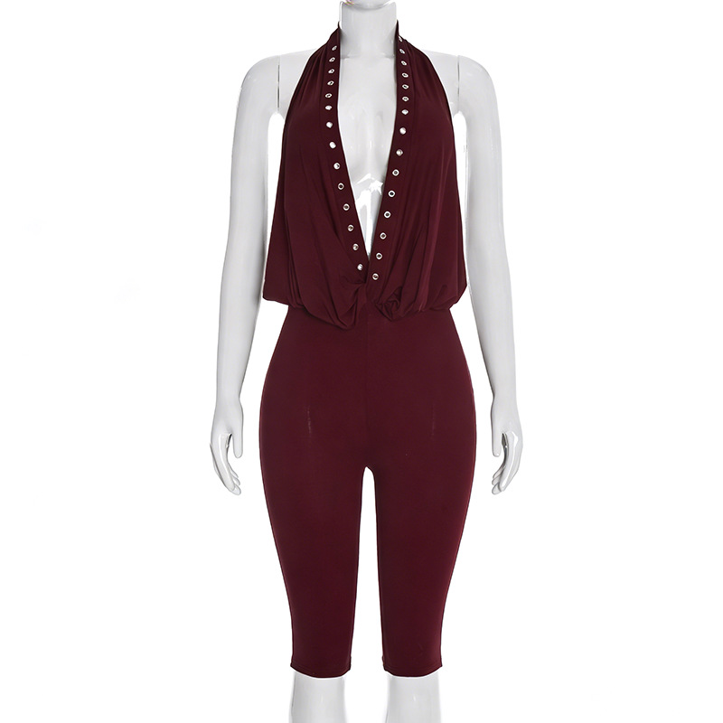 Studded Halter Backless 3/4 Jumpsuit for Spring Clubbing