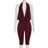 Women Spring Sexy Studded Halter Neck Backless 3/4 Jumpsuit