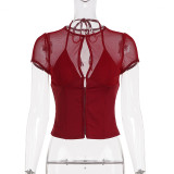 Women See-Through Hollow-Out Sexy Short Sleeve T-Shirt Round Neck Halter Neck Top