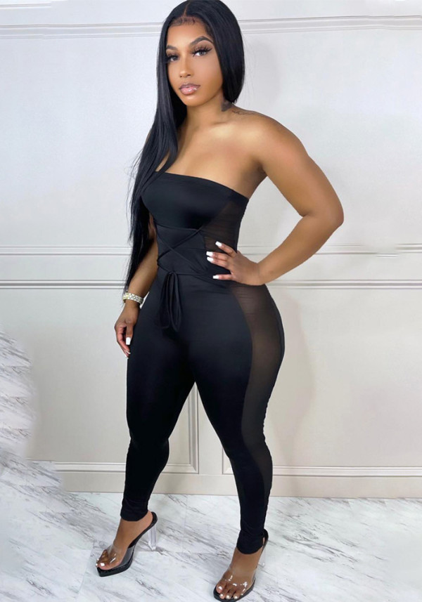 Women Sexy Lace-Up Mesh Patchwork Short Sleeve See-Through Jumpsuit