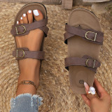 Plus Size Women PU Leather Buckle Flat Slippers