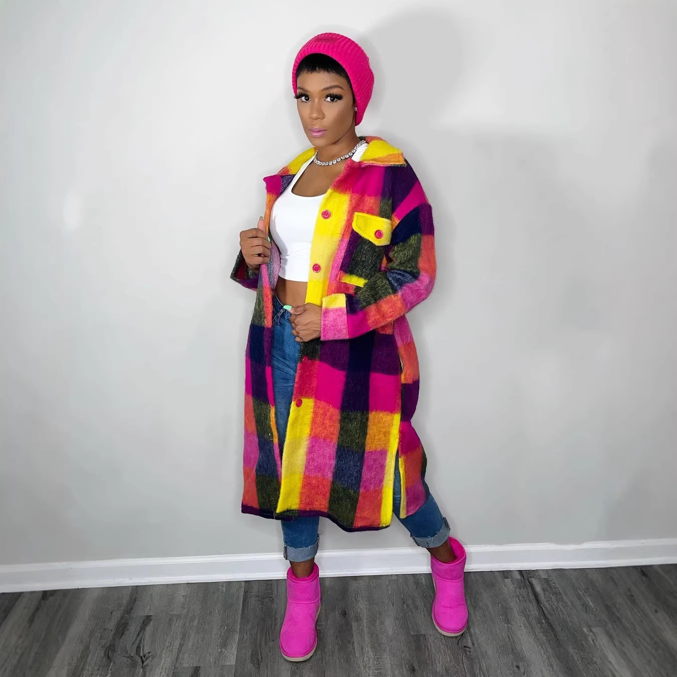 Plaid Pocket Coat for Winter Outerwear
