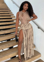 Women Spring & Summer Sexy Print Bodysuit & Side Slit Skirt Two-Piece Set Women Spring & Summer Sexy Print Bodysuit & Side Slit Skirt Two-Piece Set