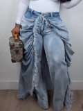 Women Fake Two-Piece Ruched Frayed Denim Pant