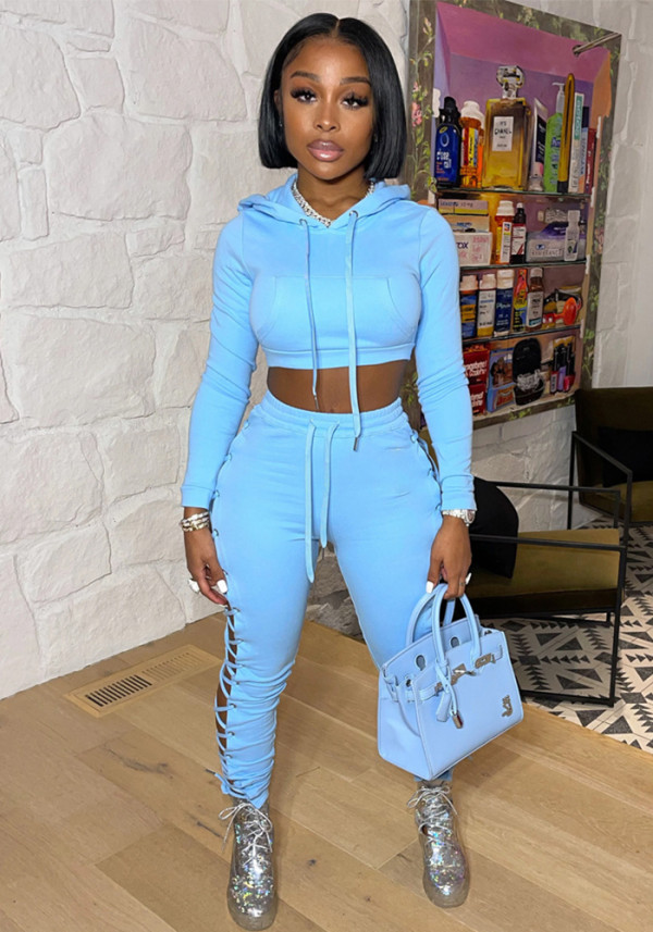 Women Autumn & Winter Lace-Up Sexy Hollow Out Hoodies & Pant Two-Piece Set