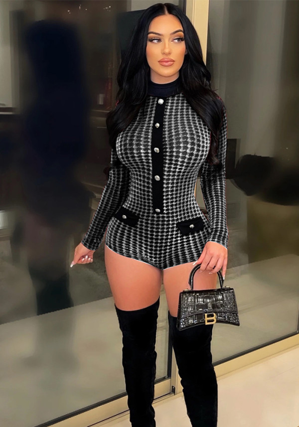 Women Sexy Houndstooth Long Sleeve Romper