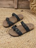 Plus Size Women PU Leather Buckle Flat Slippers