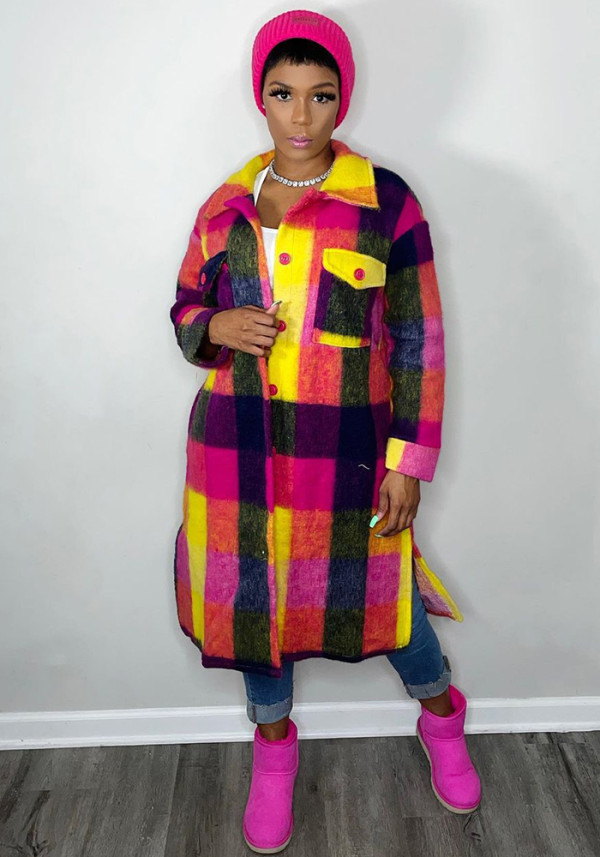 Women Winter Plaid Pocket Coat