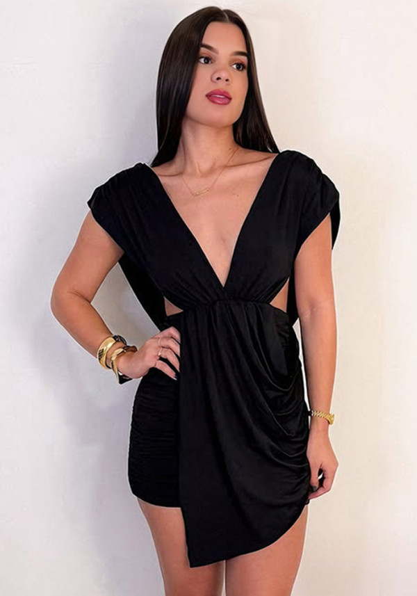 Women Spring Sexy V-Neck Sleeveless Hollow Out Ruched Dress