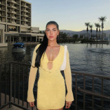 Women Spring Sexy Solid Color V-Neck Draped Collar Beaded Lace Long Sleeve Bodycon Dress