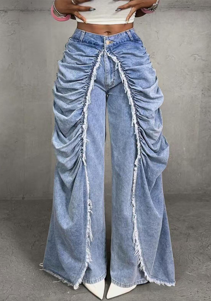 Faux Two-Piece Ruched Frayed Denim Pants for Streetwear