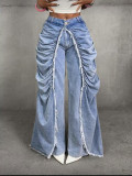 Women Fake Two-Piece Ruched Frayed Denim Pant