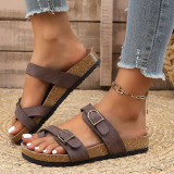 Plus Size Women PU Leather Buckle Flat Slippers