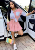 Women Summer Pink 3/4 Sleeve Shirt & Skirt Two-Piece Set