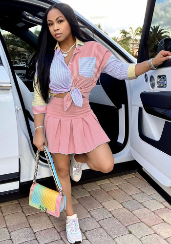 Women Summer Pink 3/4 Sleeve Shirt & Skirt Two-Piece Set