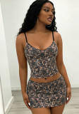 Women American Style Sexy Leopard Print Sequin Slip Top & Skirt Two-Piece Set