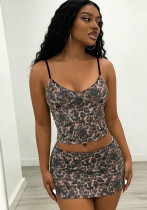 Women American Style Sexy Leopard Print Sequin Slip Top & Skirt Two-Piece Set Women American Style Sexy Leopard Print Sequin Slip Top & Skirt Two-Piece Set