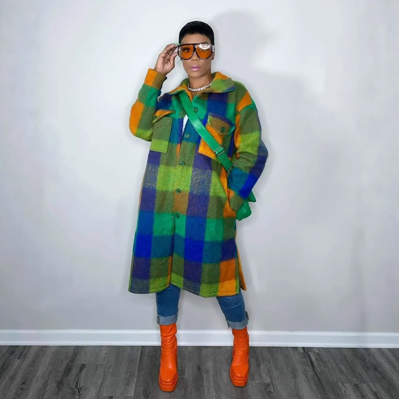 Plaid Pocket Coat for Winter Outerwear